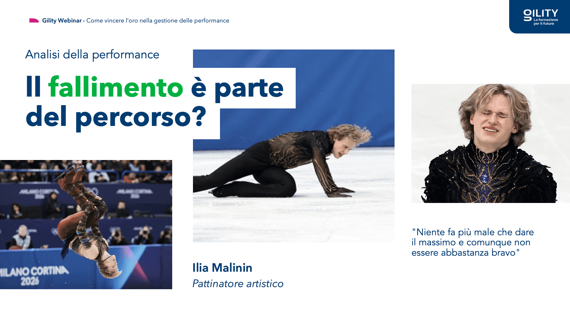 Slide su Ilia Malinin mostra caduta e performance nel pattinaggio artistico, con focus sul fallimento come parte del percorso e crescita sportiva.