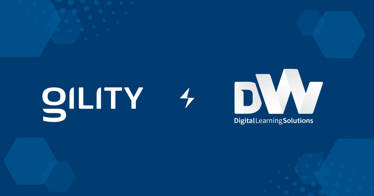 Logo su sfondo blu che mostra il marchio "gility" a sinistra e "DW Digital Learning Solutions" a destra, con un fulmine al centro.