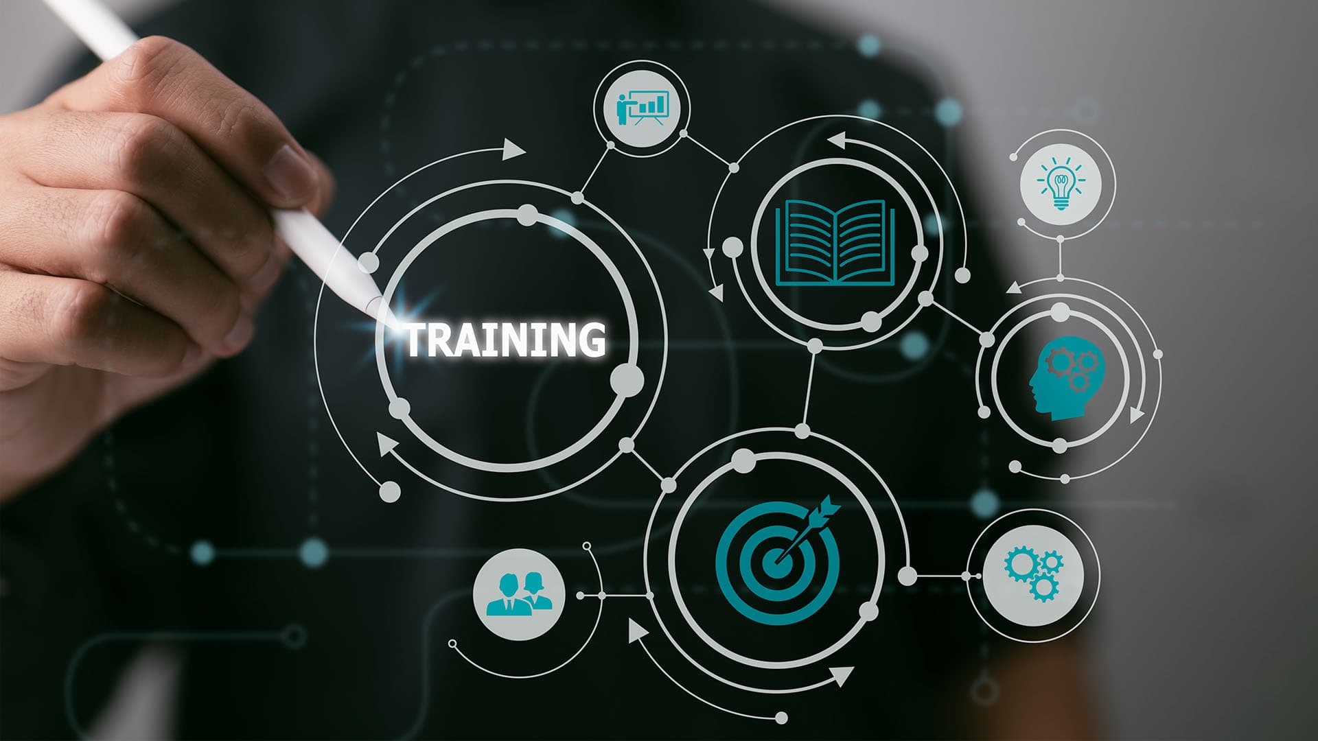 Mano che interagisce con una mappa concettuale di formazione, sottolineando il ruolo centrale della formazione aziendale.